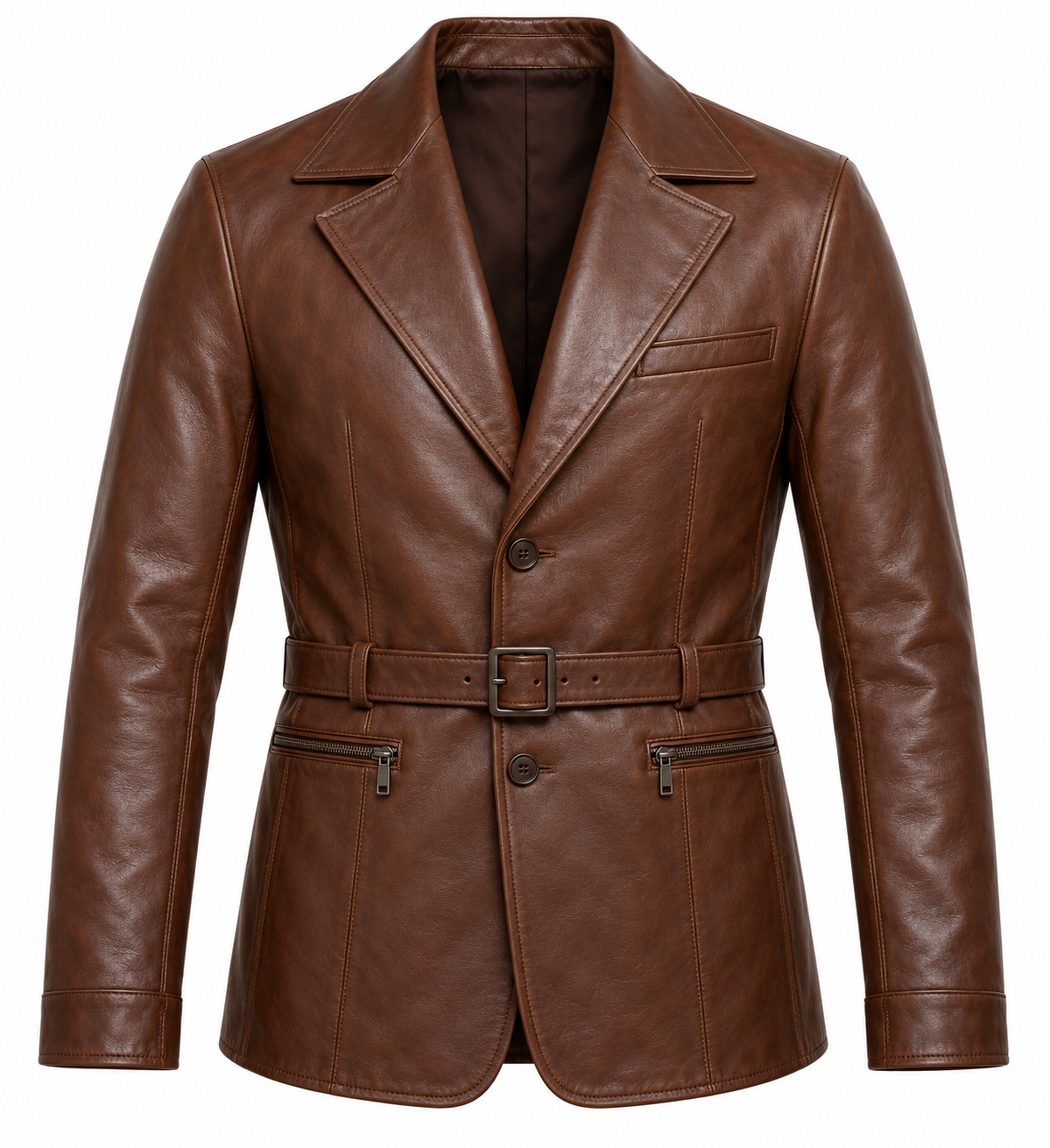 Men’s Brown Sheepskin Leather Zip-Pocket Belted Blazer Jacket — J060