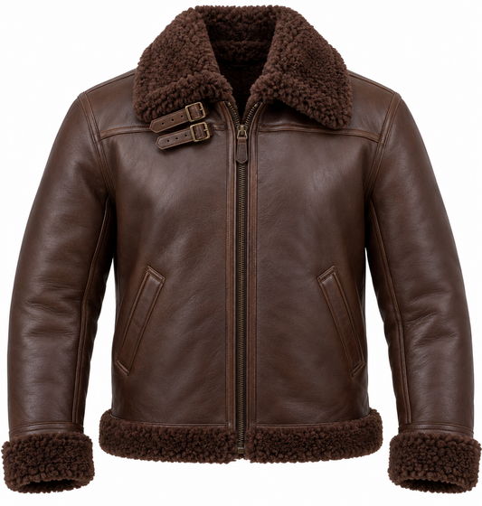 Men’s Brown Sheepskin Shearling Slanted-Welt Heritage B-3 Aviator Jacket — SH001