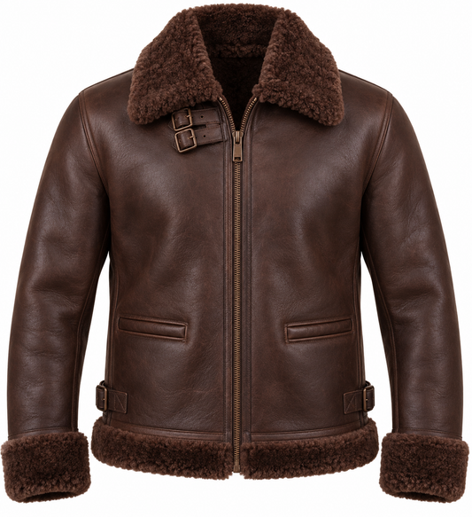 Men’s Brown Sheepskin Shearling Buckle-Waist Heritage B-3 Aviator Jacket — SH003