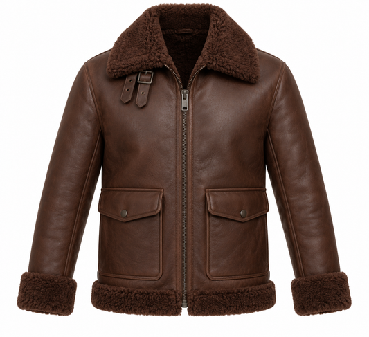 Men’s Brown Sheepskin Shearling Patch-Pocket Heritage B-3 Aviator Jacket — SH004