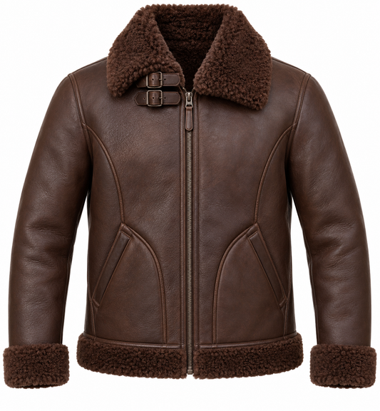 Men’s Brown Sheepskin Shearling Curved-Panel Heritage B-3 Aviator Jacket — SH005