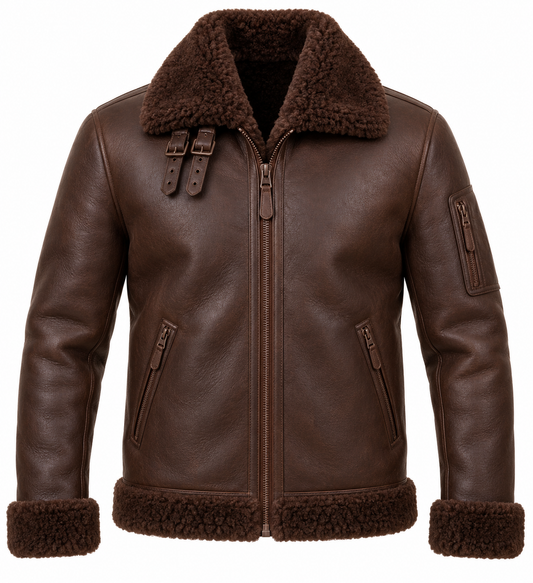 Men’s Brown Sheepskin Shearling Utility-Zip Heritage B-3 Aviator Jacket — SH006