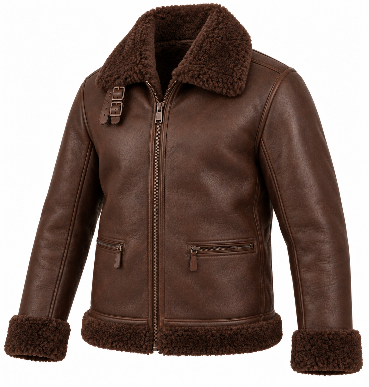 Men’s Brown Sheepskin Shearling Half-Belt Heritage B-3 Aviator Jacket — SH008