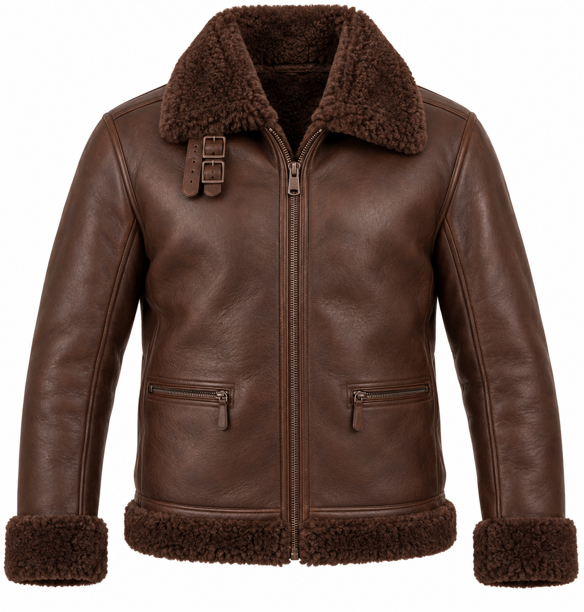 Men’s Brown Sheepskin Shearling Half-Belt Heritage B-3 Aviator Jacket — SH008