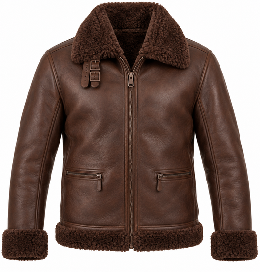 Men’s Brown Sheepskin Shearling Half-Belt Heritage B-3 Aviator Jacket — SH008