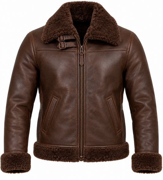 Men’s Brown Sheepskin Shearling Accordion-Side Heritage B-3 Aviator Jacket — SH010