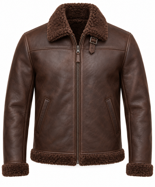 Men’s Brown Sheepskin Shearling Slanted-Welt Streamlined B-6 Flyer Jacket — SH011