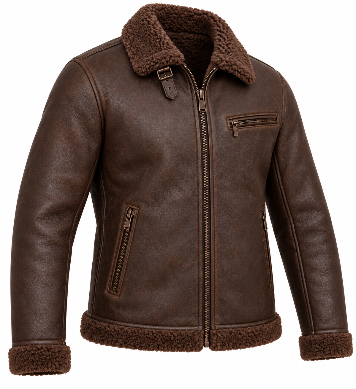 Men’s Brown Sheepskin Shearling Twin-Zip Streamlined B-6 Flyer Jacket — SH012