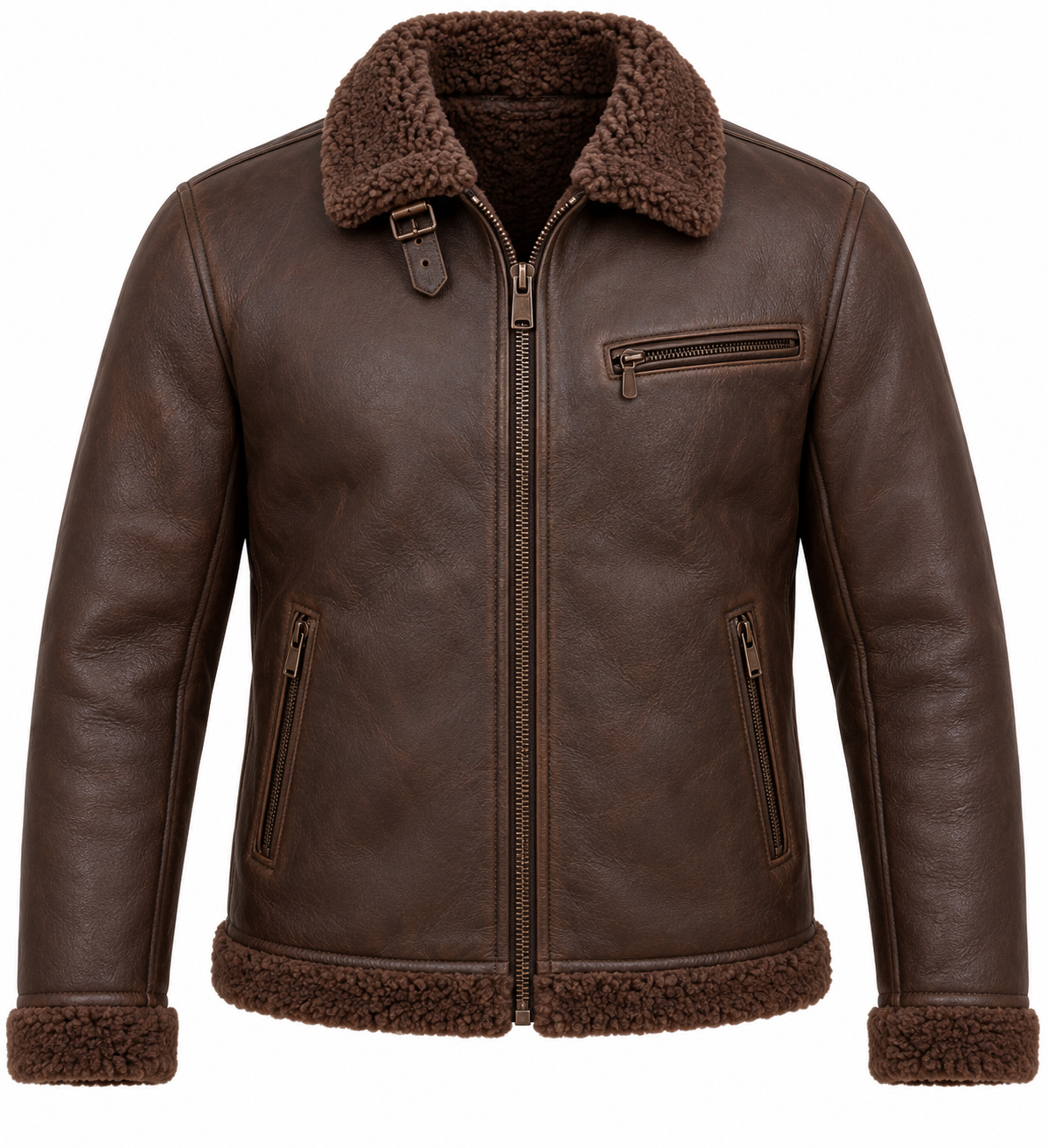 Men’s Brown Sheepskin Shearling Twin-Zip Streamlined B-6 Flyer Jacket — SH012