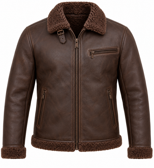 Men’s Brown Sheepskin Shearling Twin-Zip Streamlined B-6 Flyer Jacket — SH012