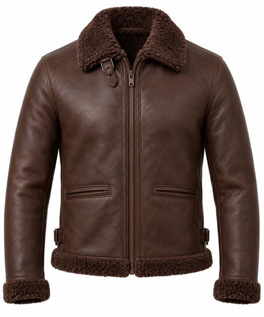 Men’s Brown Sheepskin Shearling Buckle-Waist Streamlined B-6 Flyer Jacket — SH013