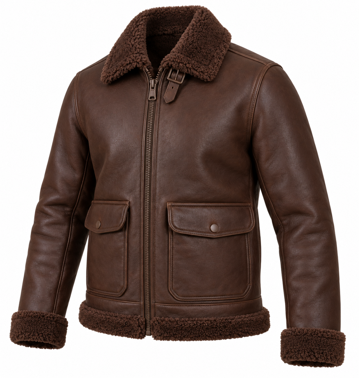 Men’s Brown Sheepskin Shearling Patch-Pocket Streamlined B-6 Flyer Jacket — SH014