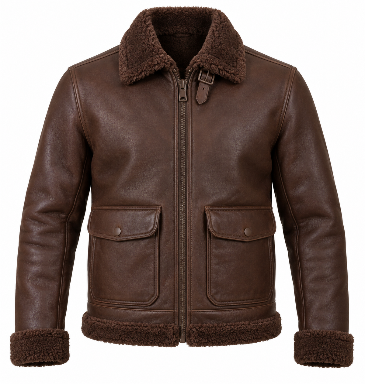 Men’s Brown Sheepskin Shearling Patch-Pocket Streamlined B-6 Flyer Jacket — SH014