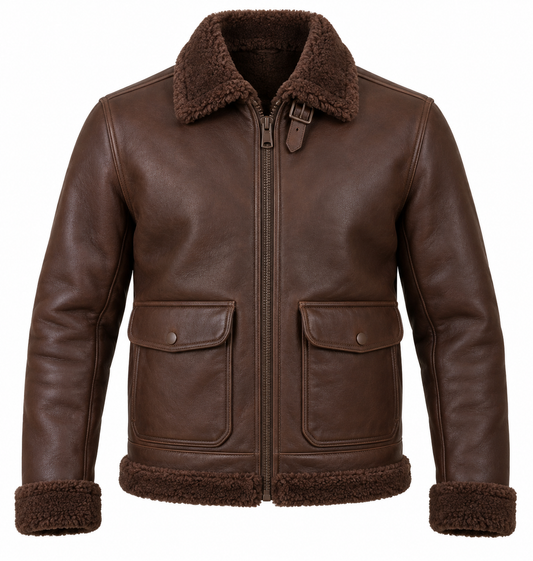 Men’s Brown Sheepskin Shearling Patch-Pocket Streamlined B-6 Flyer Jacket — SH014