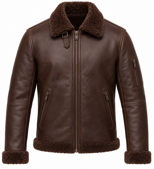 Men’s Brown Sheepskin Shearling Utility-Zip Streamlined B-6 Flyer Jacket — SH016