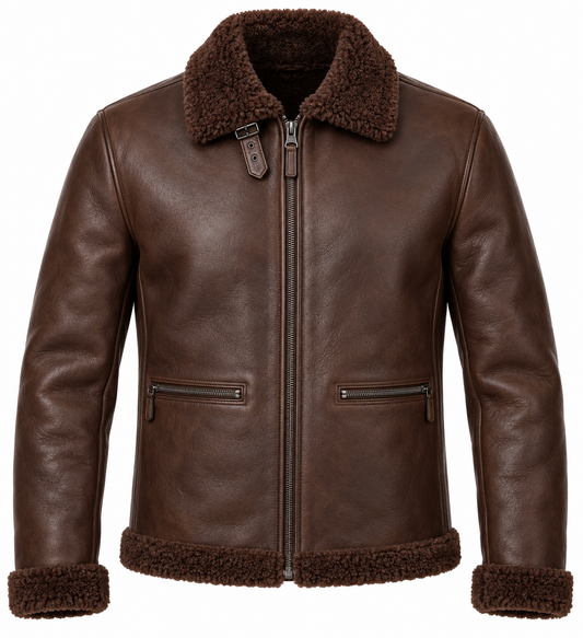 Men’s Brown Sheepskin Shearling Half-Belt Streamlined B-6 Flyer Jacket — SH018