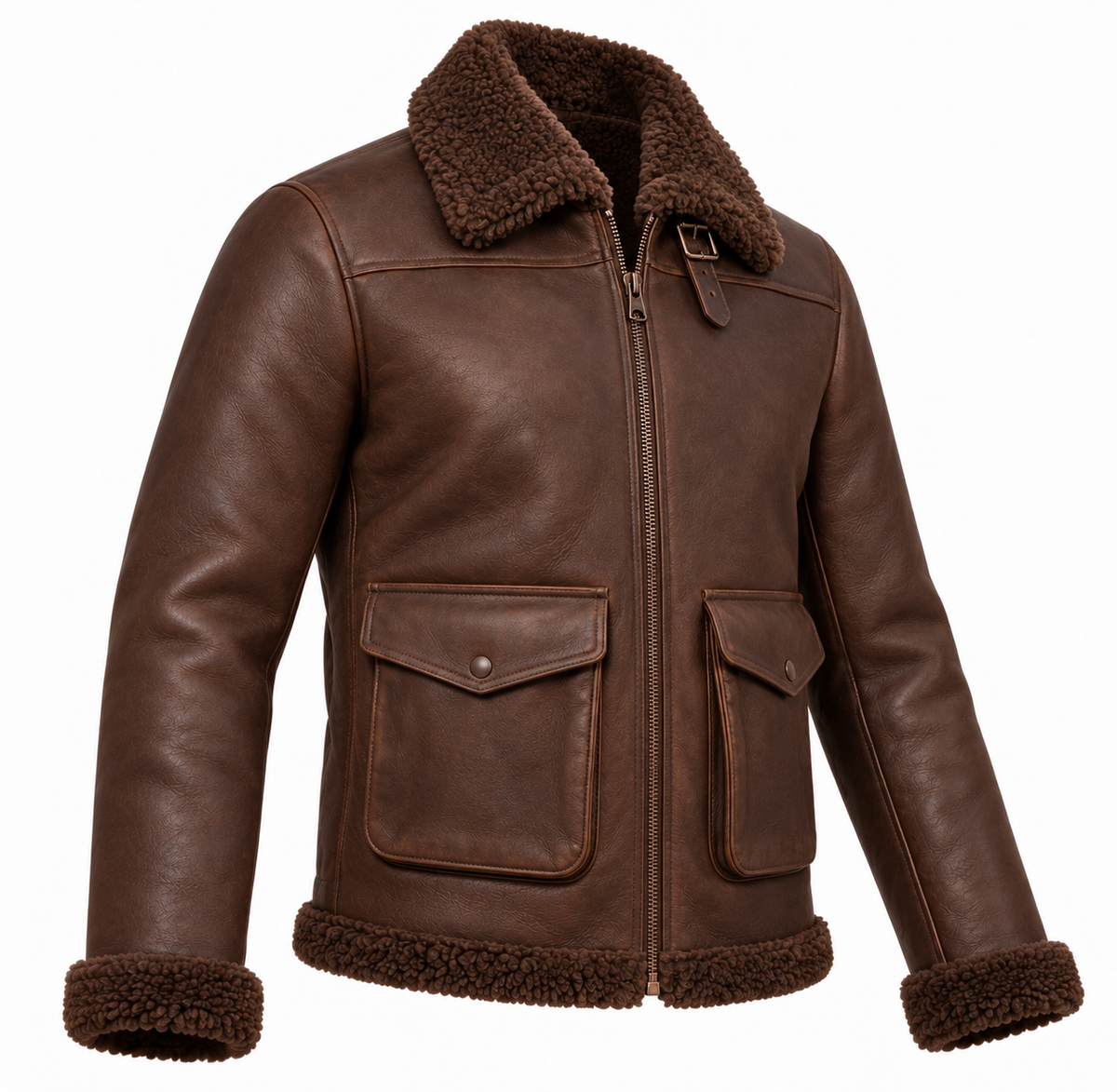 Men’s Brown Sheepskin Shearling Angular-Flap Streamlined B-6 Flyer Jacket — SH019