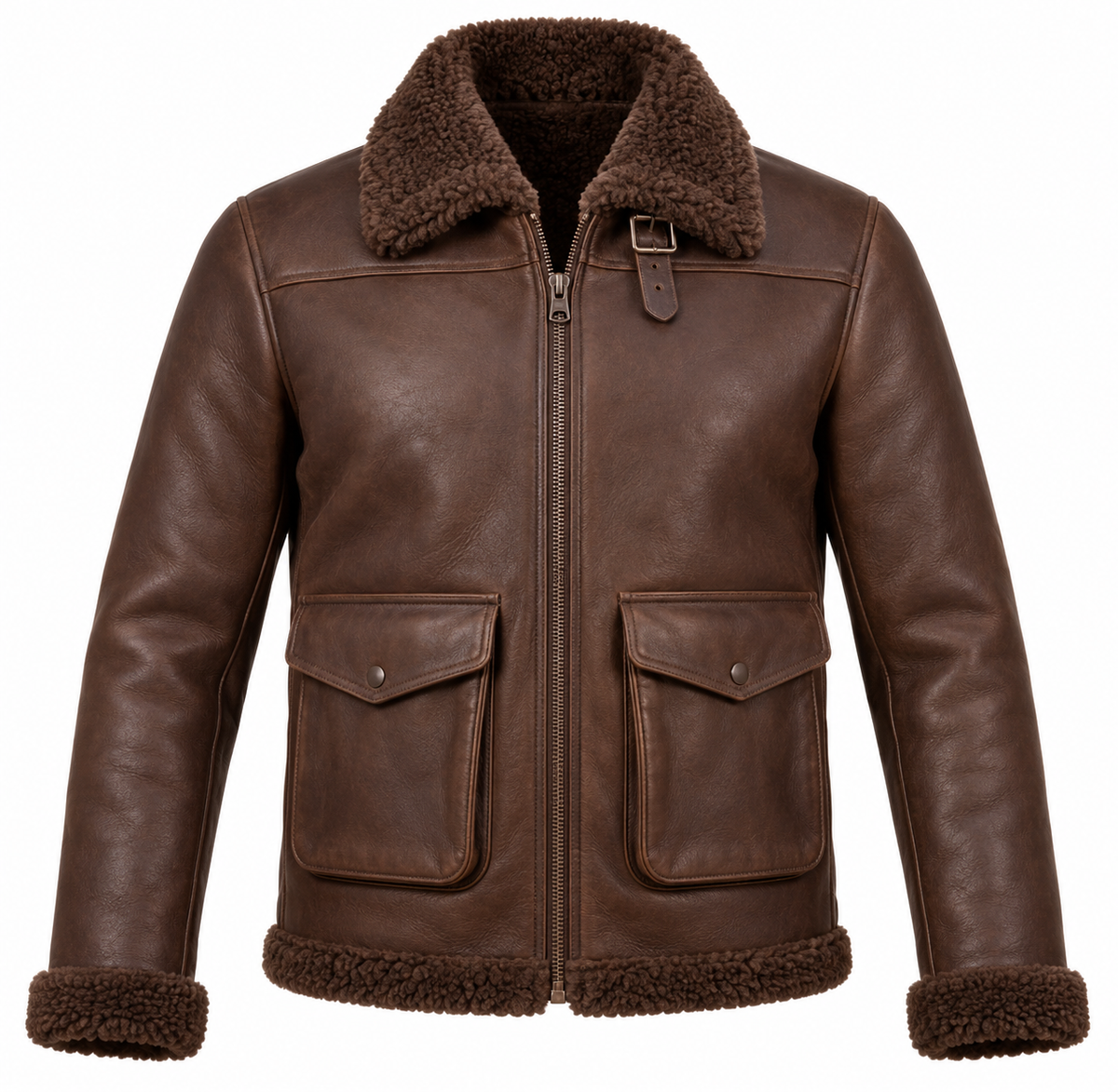 Men’s Brown Sheepskin Shearling Angular-Flap Streamlined B-6 Flyer Jacket — SH019