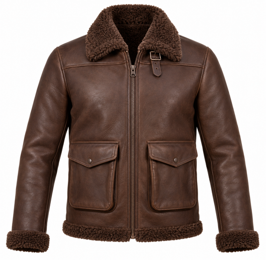 Men’s Brown Sheepskin Shearling Angular-Flap Streamlined B-6 Flyer Jacket — SH019
