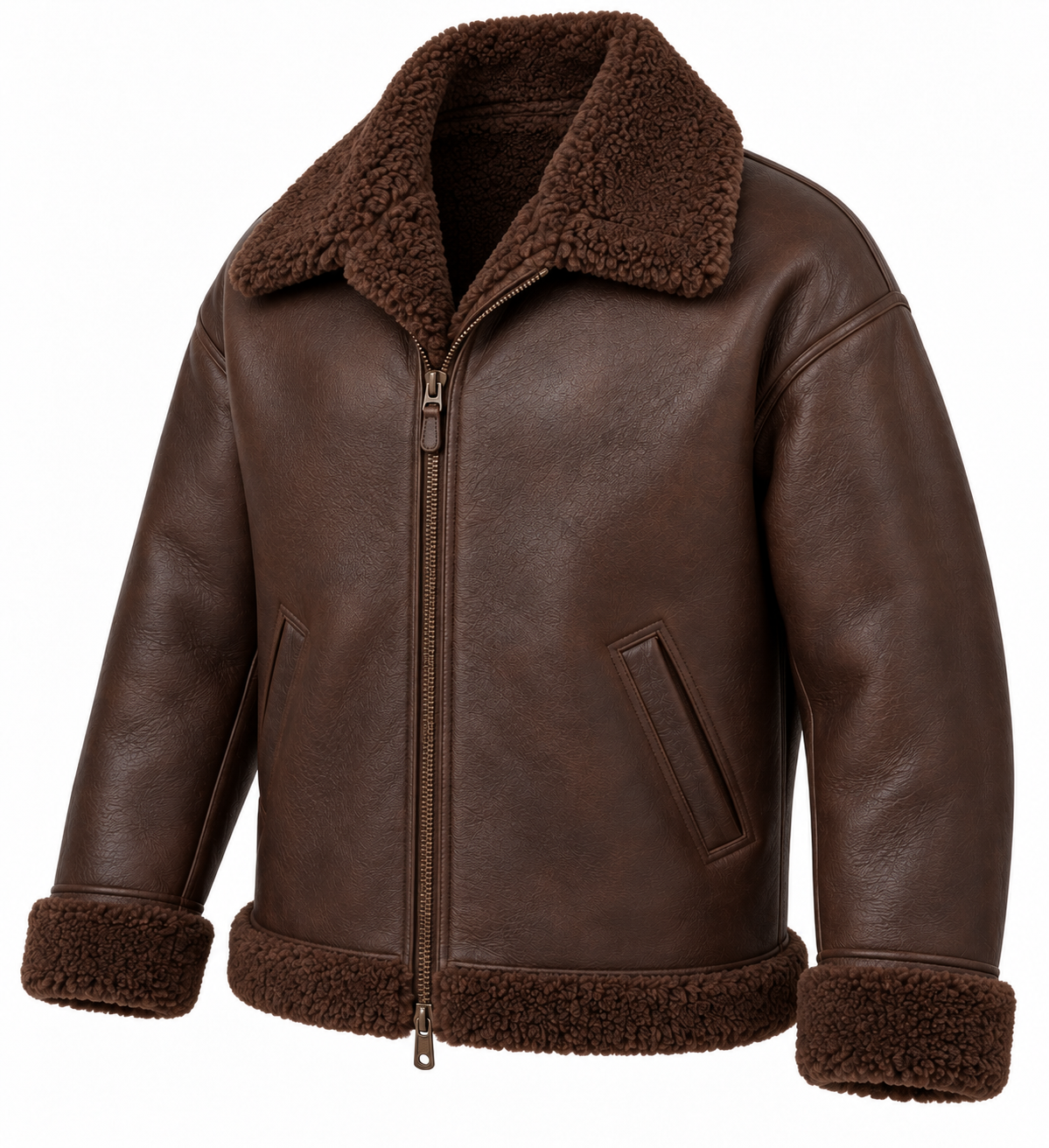 Men’s Brown Sheepskin Shearling Slanted-Welt Relaxed Flight Bomber Jacket — SH021