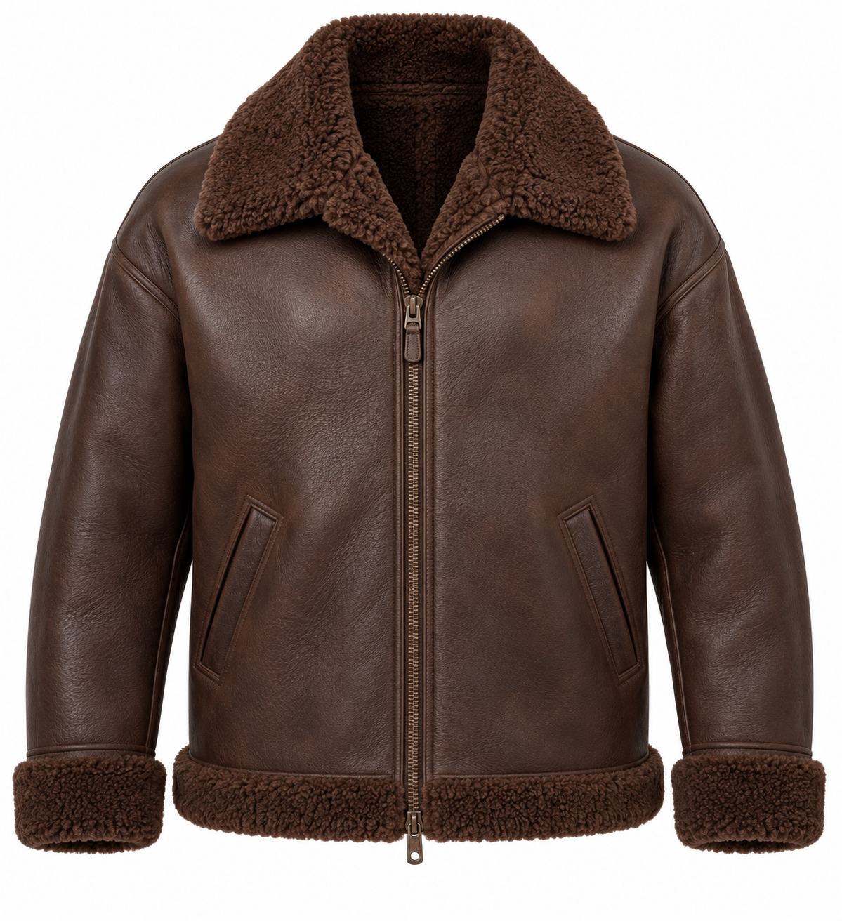 Men’s Brown Sheepskin Shearling Slanted-Welt Relaxed Flight Bomber Jacket — SH021