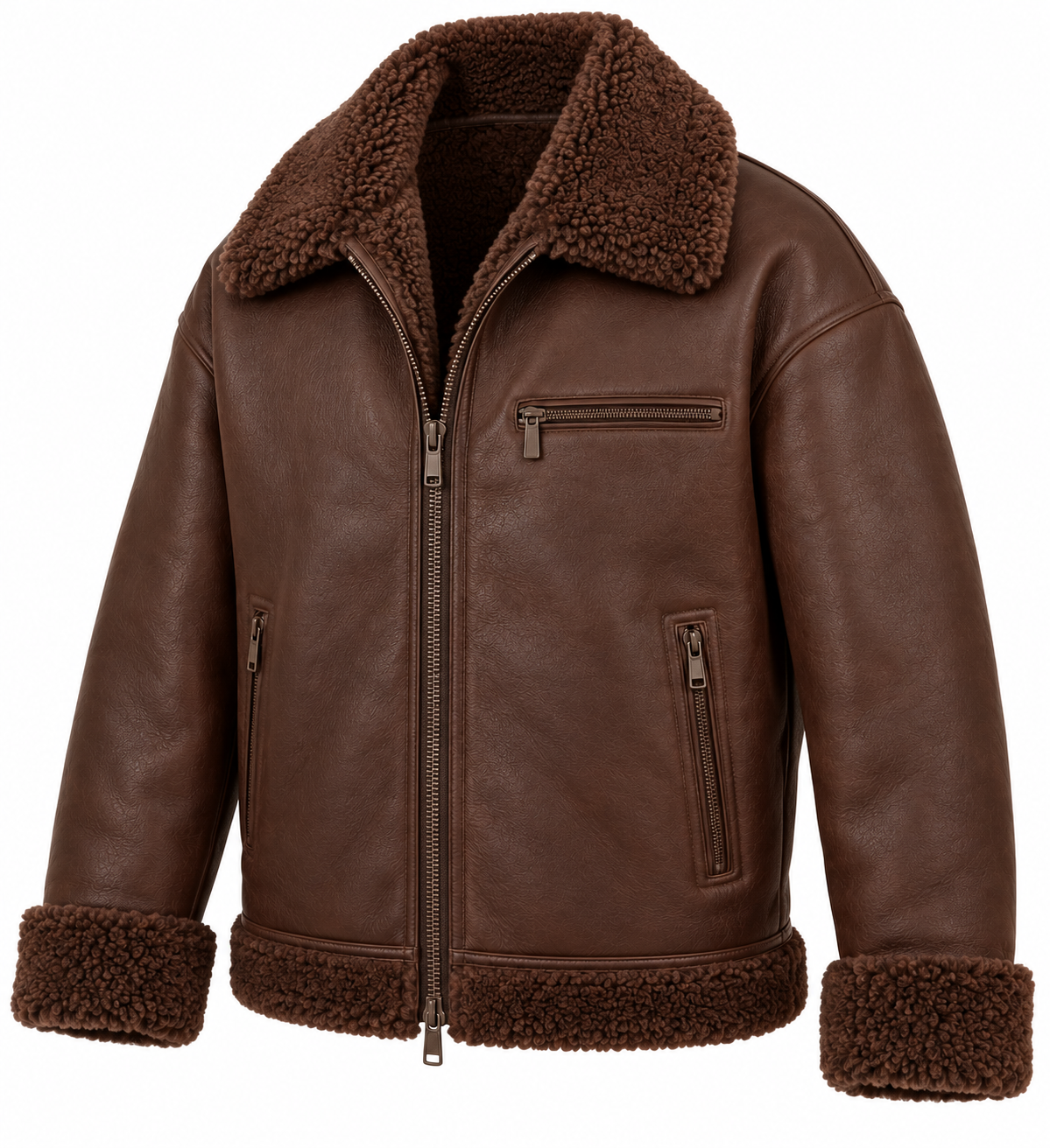 Men’s Brown Sheepskin Shearling Twin-Zip Relaxed Flight Bomber Jacket — SH022