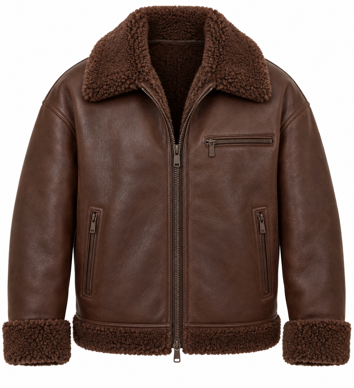 Men’s Brown Sheepskin Shearling Twin-Zip Relaxed Flight Bomber Jacket — SH022
