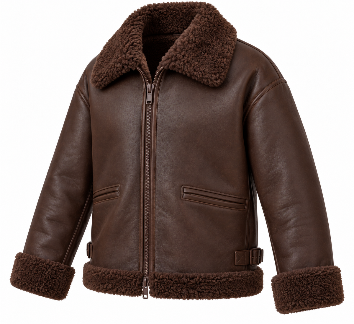 Men’s Brown Sheepskin Shearling Buckle-Waist Relaxed Flight Bomber Jacket — SH023