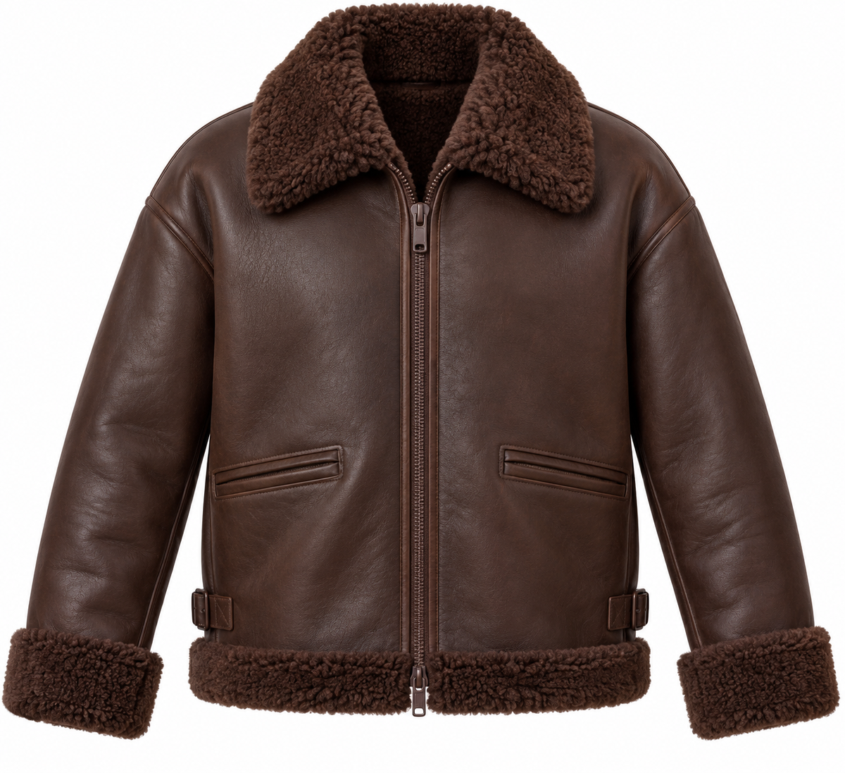 Men’s Brown Sheepskin Shearling Buckle-Waist Relaxed Flight Bomber Jacket — SH023
