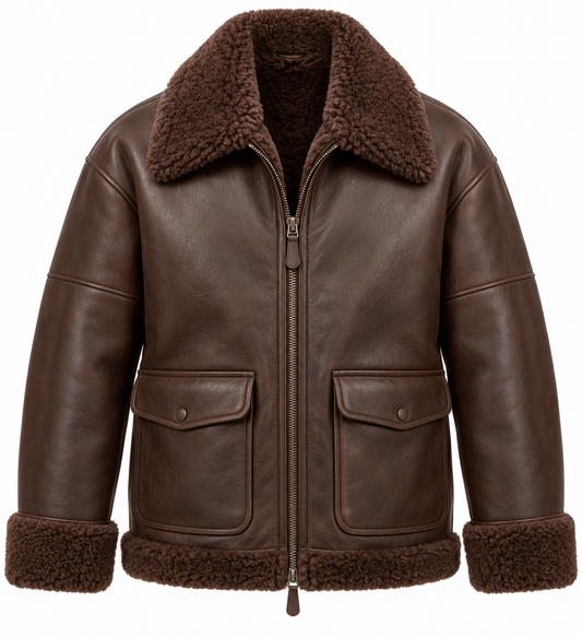 Men’s Brown Sheepskin Shearling Patch-Pocket Relaxed Flight Bomber Jacket — SH024