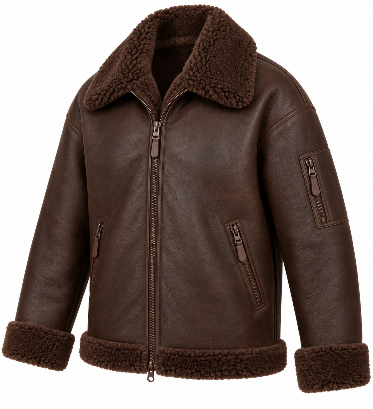 Men’s Brown Sheepskin Shearling Utility-Zip Relaxed Flight Bomber Jacket — SH026