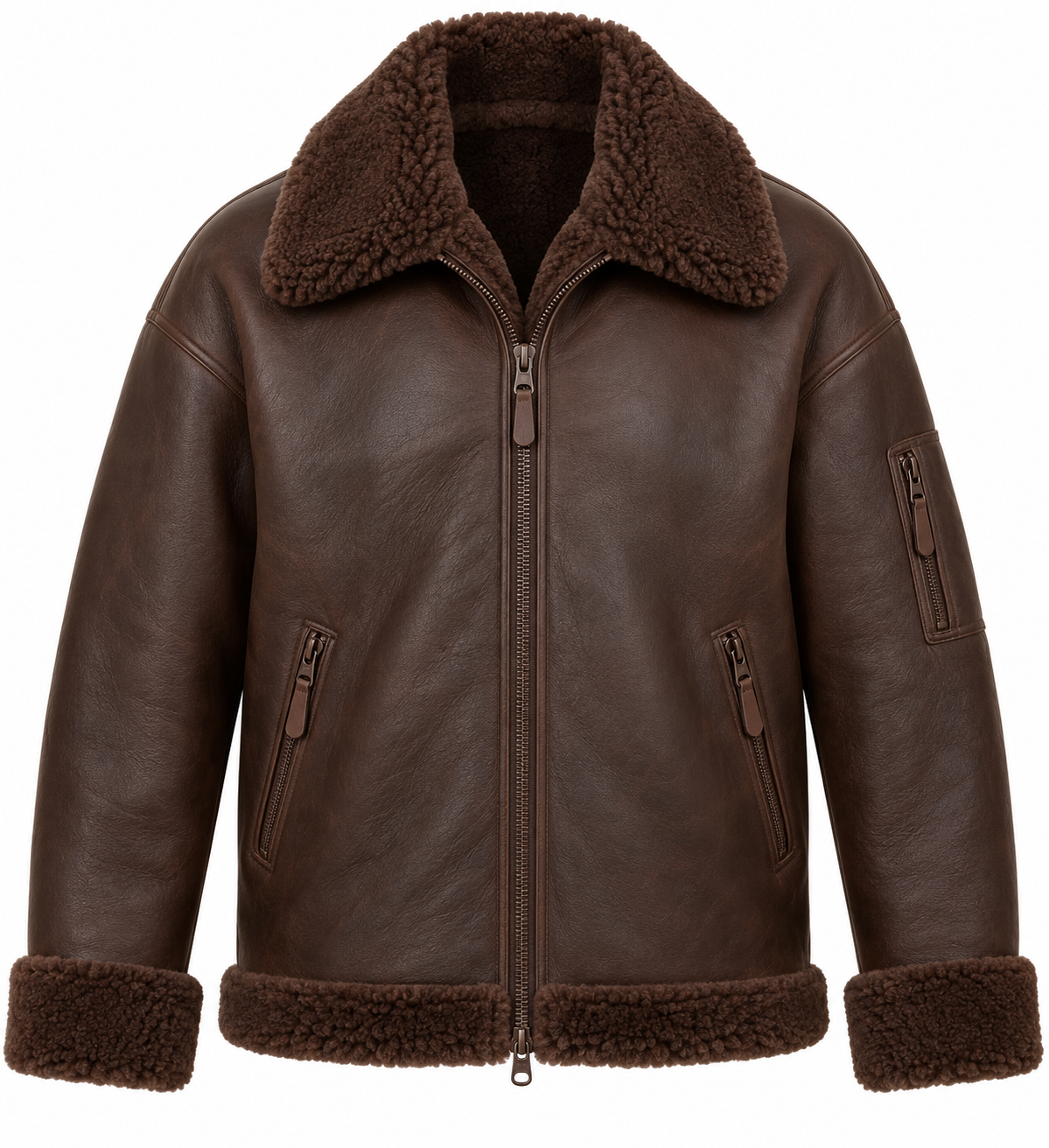Men’s Brown Sheepskin Shearling Utility-Zip Relaxed Flight Bomber Jacket — SH026