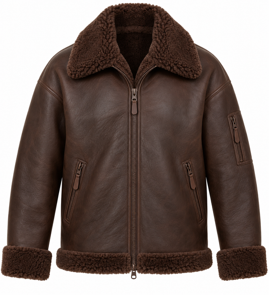 Men’s Brown Sheepskin Shearling Utility-Zip Relaxed Flight Bomber Jacket — SH026