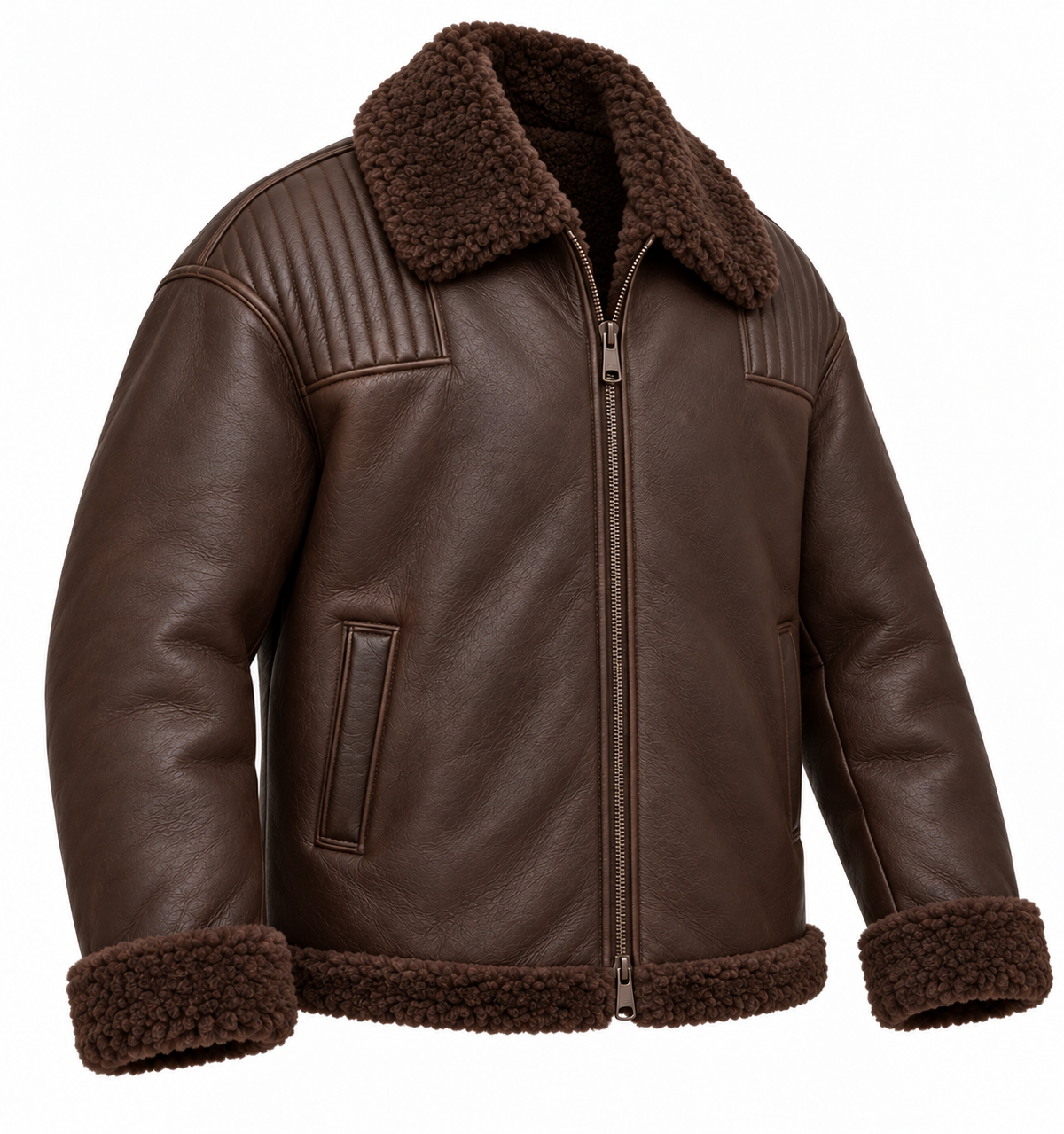Men’s Brown Sheepskin Shearling Channel-Yoke Relaxed Flight Bomber Jacket — SH027
