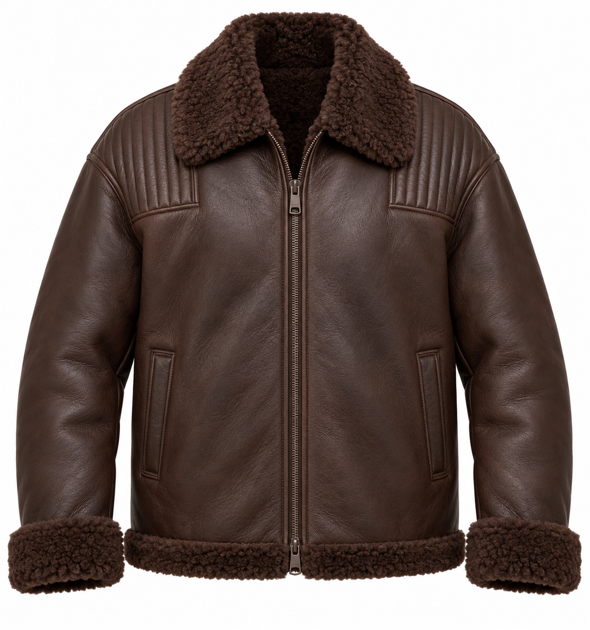 Men’s Brown Sheepskin Shearling Channel-Yoke Relaxed Flight Bomber Jacket — SH027