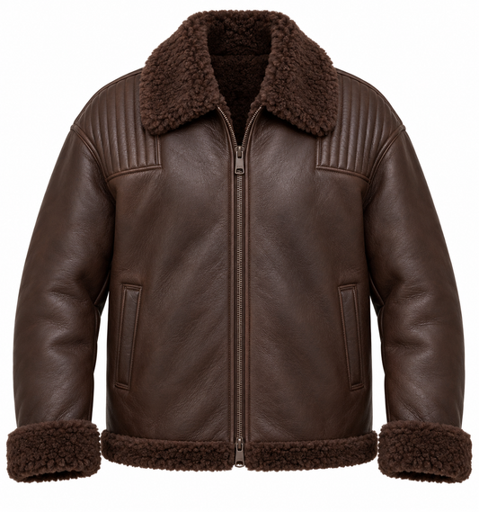 Men’s Brown Sheepskin Shearling Channel-Yoke Relaxed Flight Bomber Jacket — SH027
