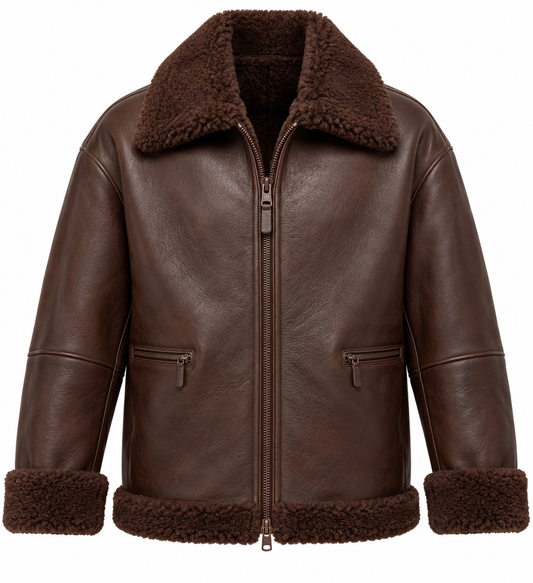 Men’s Brown Sheepskin Shearling Half-Belt Relaxed Flight Bomber Jacket — SH028