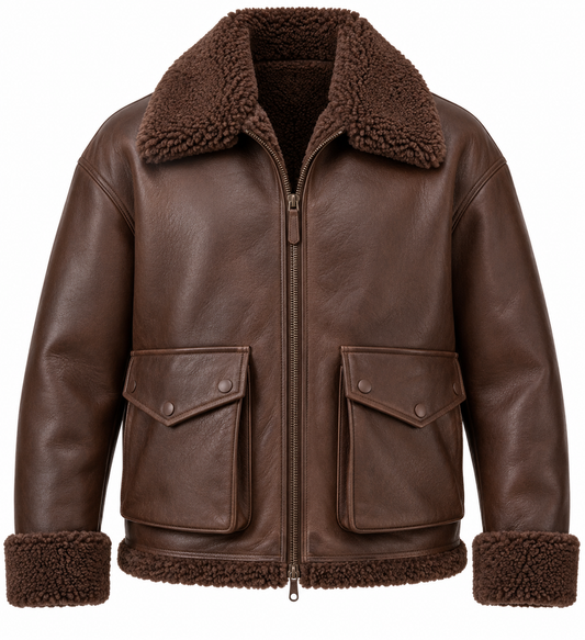 Men’s Brown Sheepskin Shearling Angular-Flap Relaxed Flight Bomber Jacket — SH029