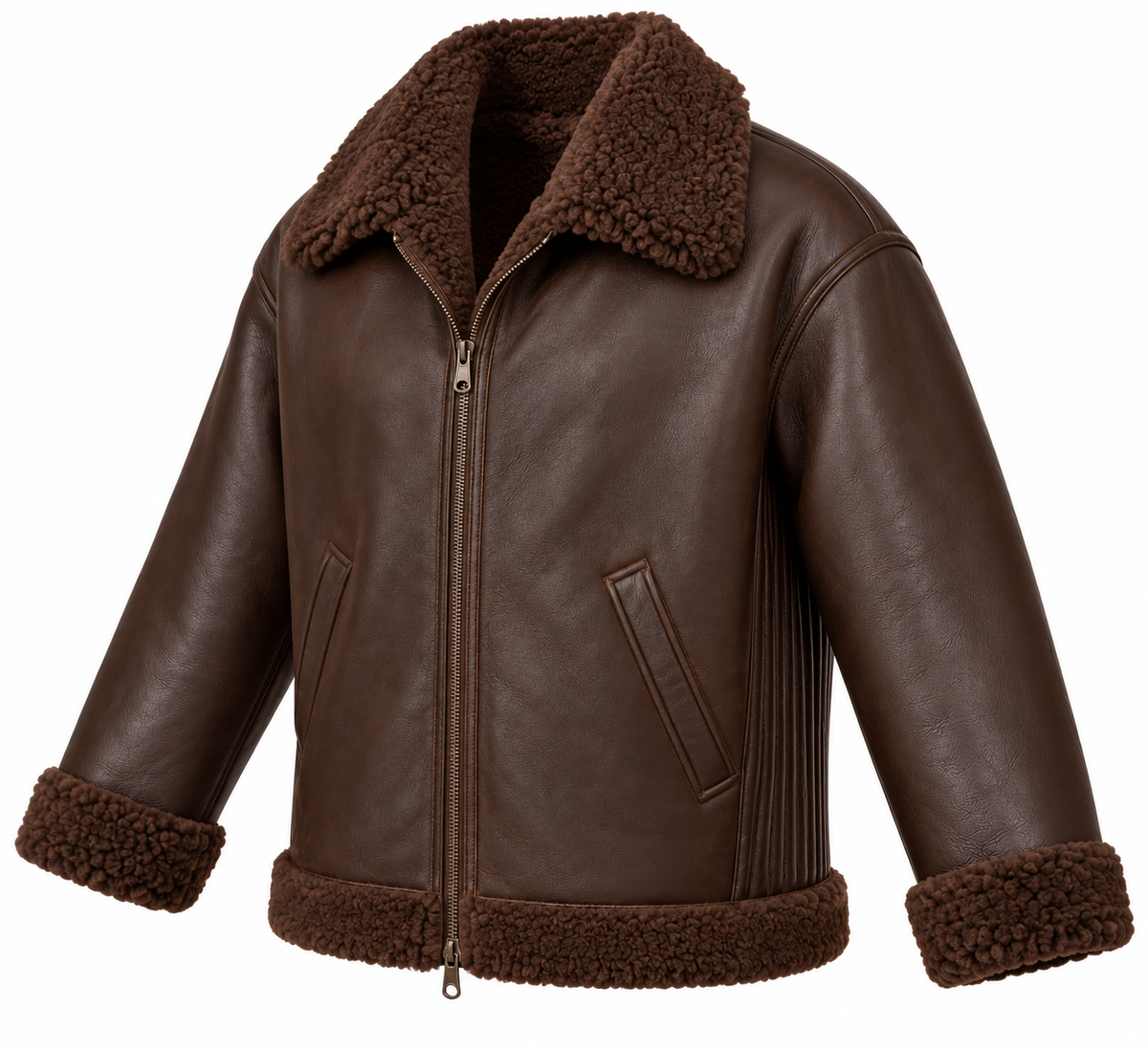 Men’s Brown Sheepskin Shearling Accordion-Side Relaxed Flight Bomber Jacket — SH030