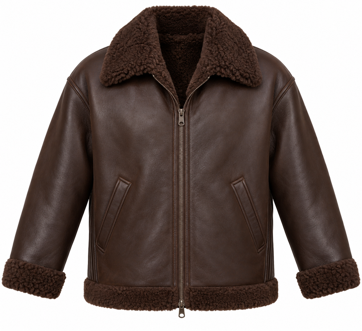 Men’s Brown Sheepskin Shearling Accordion-Side Relaxed Flight Bomber Jacket — SH030