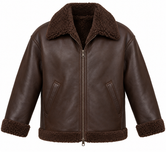 Men’s Brown Sheepskin Shearling Accordion-Side Relaxed Flight Bomber Jacket — SH030