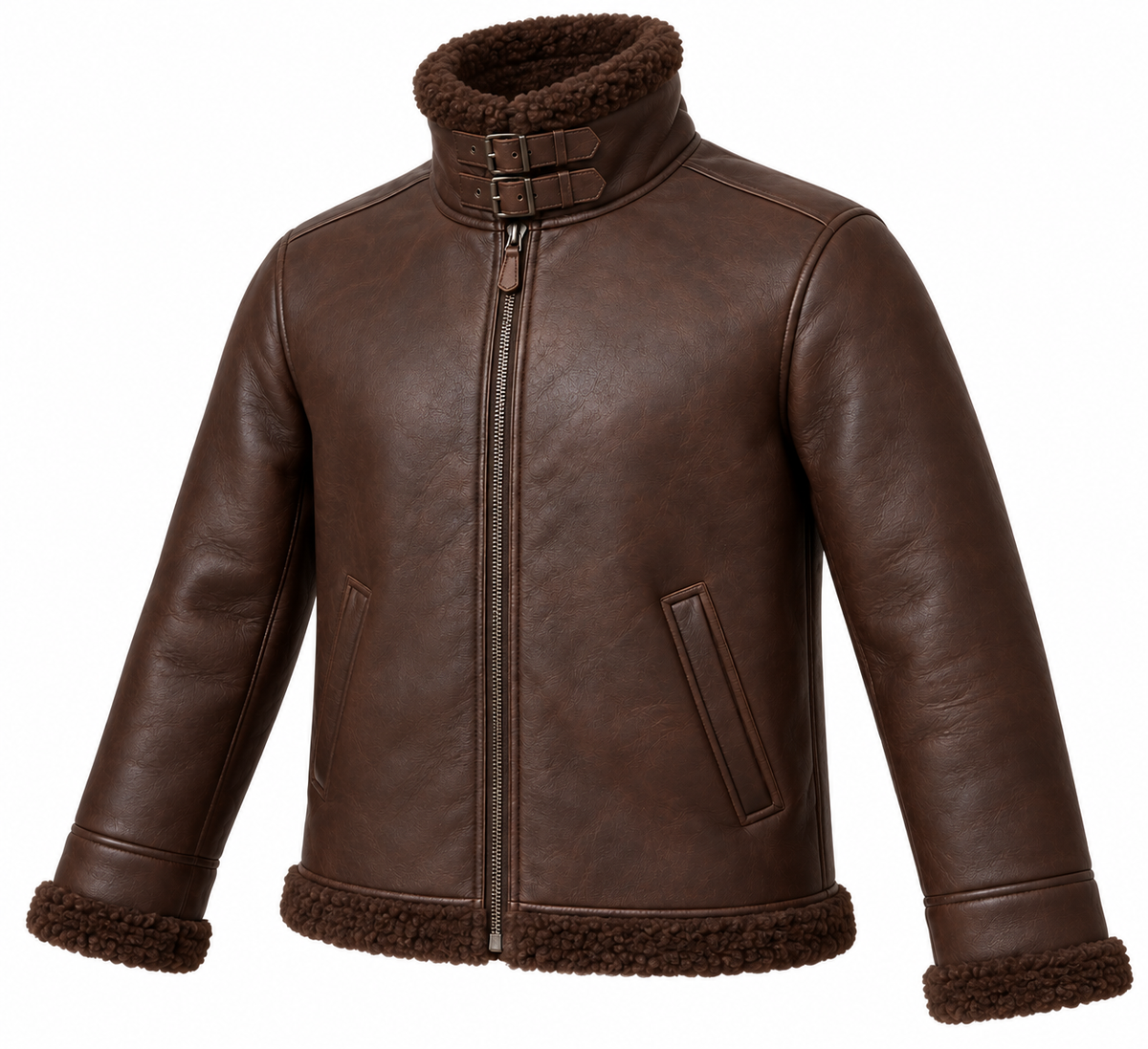 Men’s Brown Sheepskin Shearling Slanted-Welt Buckle-Collar Pilot Jacket — SH031