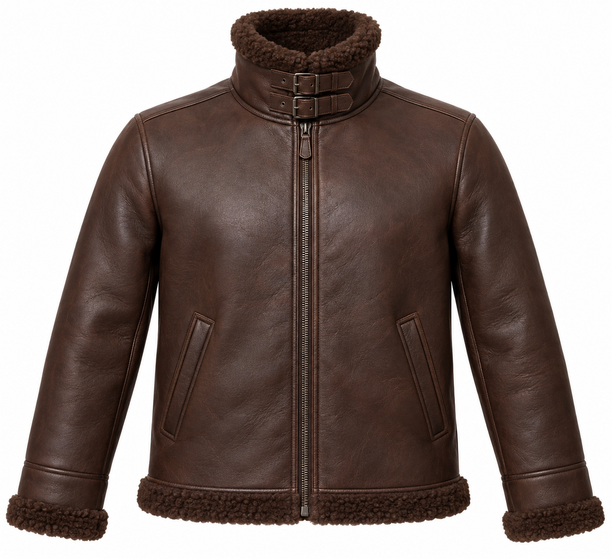 Men’s Brown Sheepskin Shearling Slanted-Welt Buckle-Collar Pilot Jacket — SH031