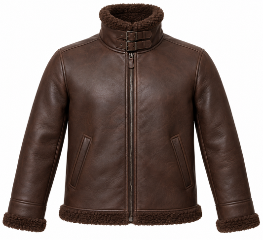 Men’s Brown Sheepskin Shearling Slanted-Welt Buckle-Collar Pilot Jacket — SH031