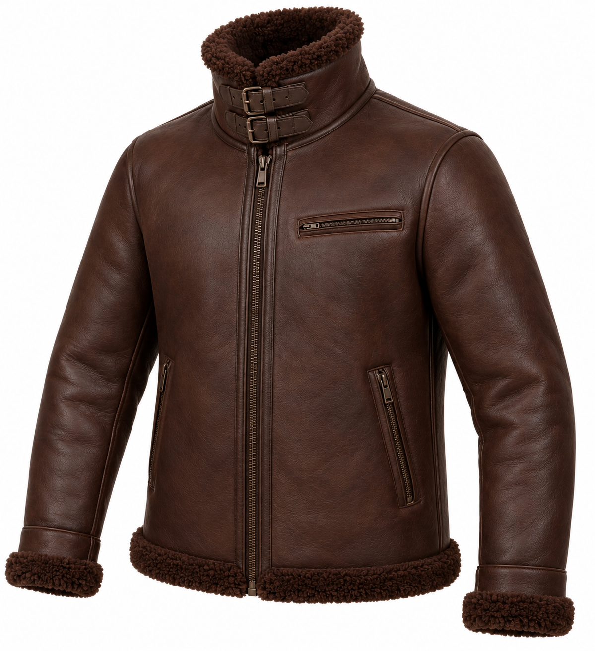 Men’s Brown Sheepskin Shearling Twin-Zip Buckle-Collar Pilot Jacket — SH032