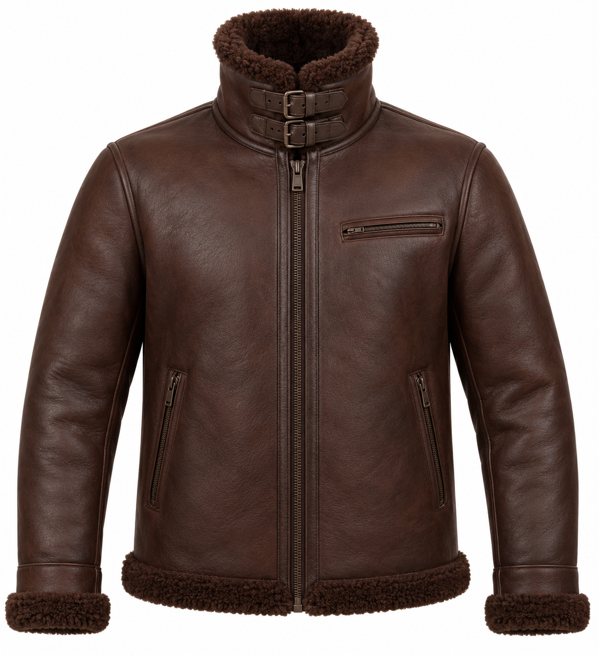 Men’s Brown Sheepskin Shearling Twin-Zip Buckle-Collar Pilot Jacket — SH032