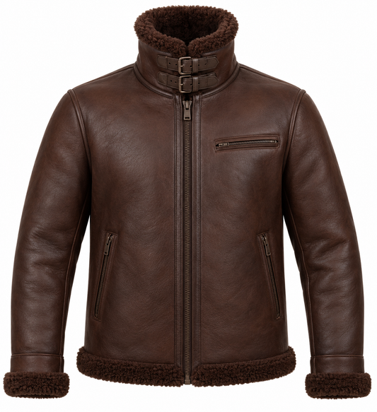 Men’s Brown Sheepskin Shearling Twin-Zip Buckle-Collar Pilot Jacket — SH032