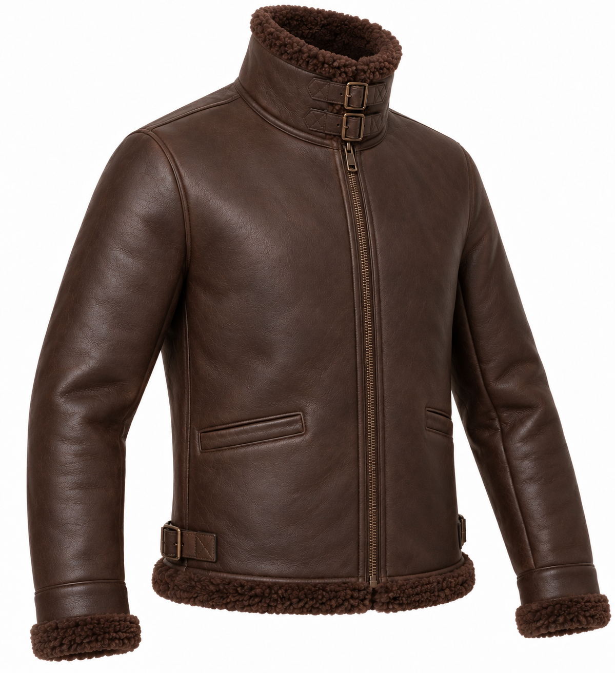 Men’s Brown Sheepskin Shearling Buckle-Waist Buckle-Collar Pilot Jacket — SH033