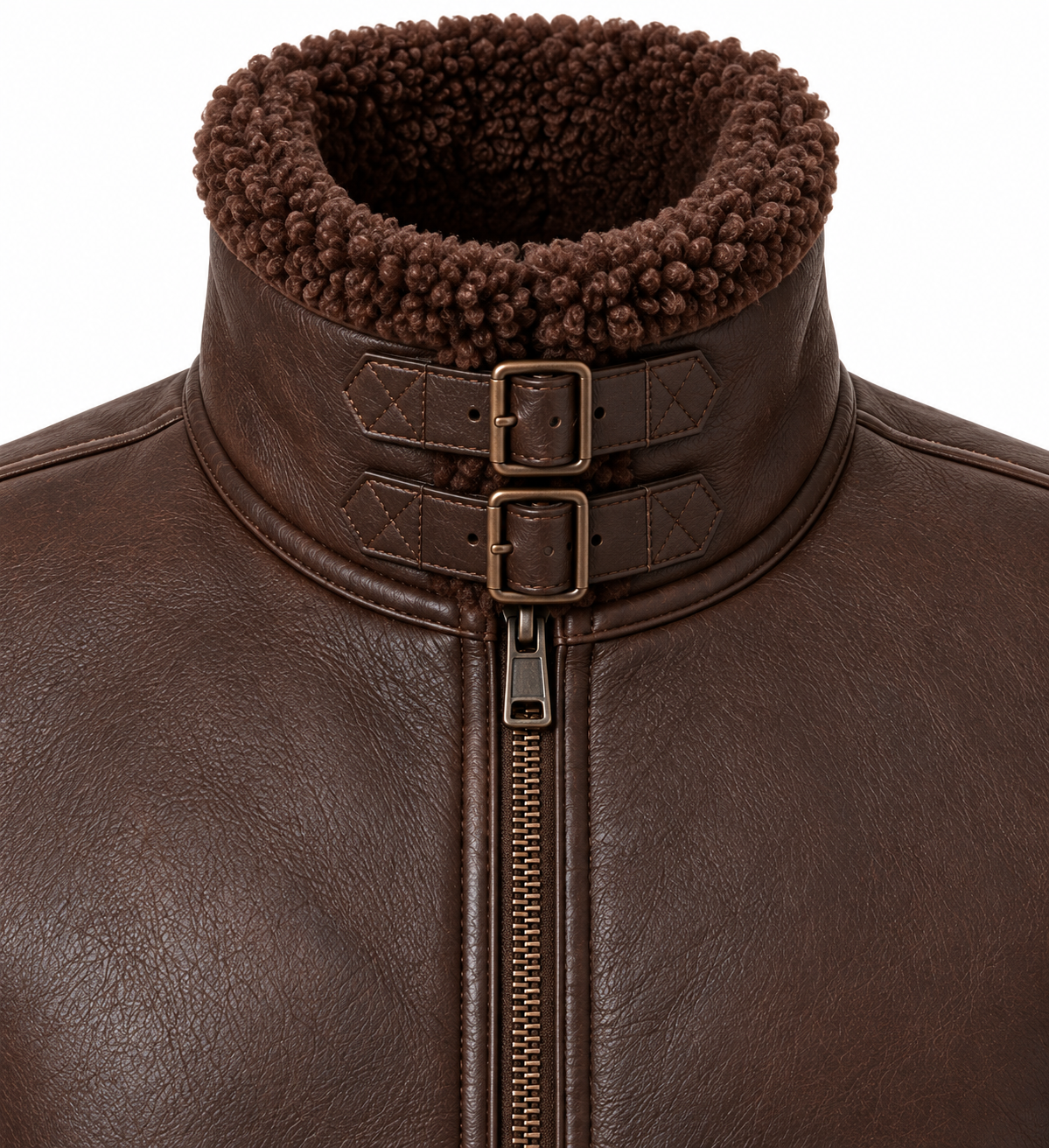 Men’s Brown Sheepskin Shearling Buckle-Waist Buckle-Collar Pilot Jacket — SH033