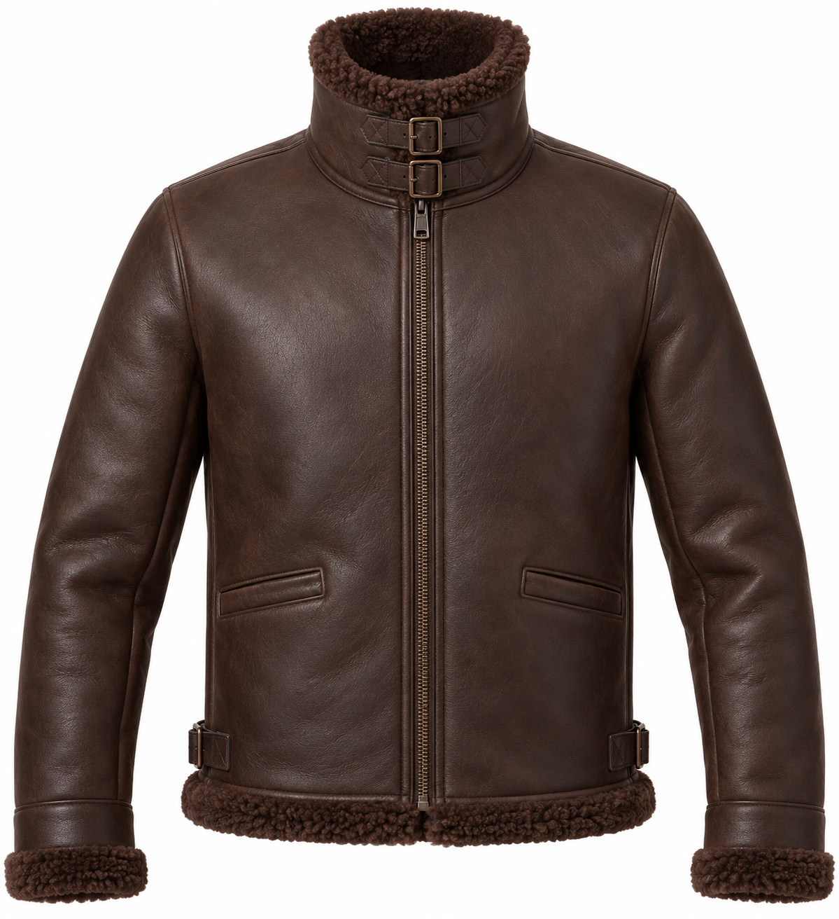 Men’s Brown Sheepskin Shearling Buckle-Waist Buckle-Collar Pilot Jacket — SH033